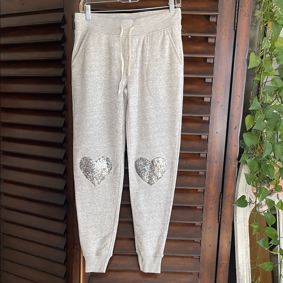 troo Pants - Gray Sequin Heart Joggers with Silver Heart Accents Medium TROO